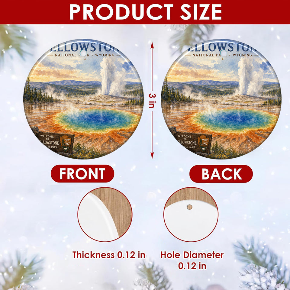 Product size chart showing the 3-inch diameter measurements and double-sided print of the ornament.