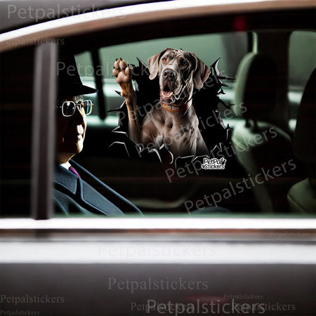 Humorous Great Dane waving decal positioned neatly on a white porcelain toilet tank.