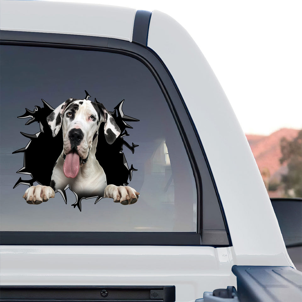 Eye-catching Great Dane sticker displayed on the rear window of a truck.