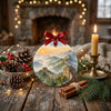 Holiday scene showing the round ceramic piece on a rustic table surrounded by natural pinecone accents.