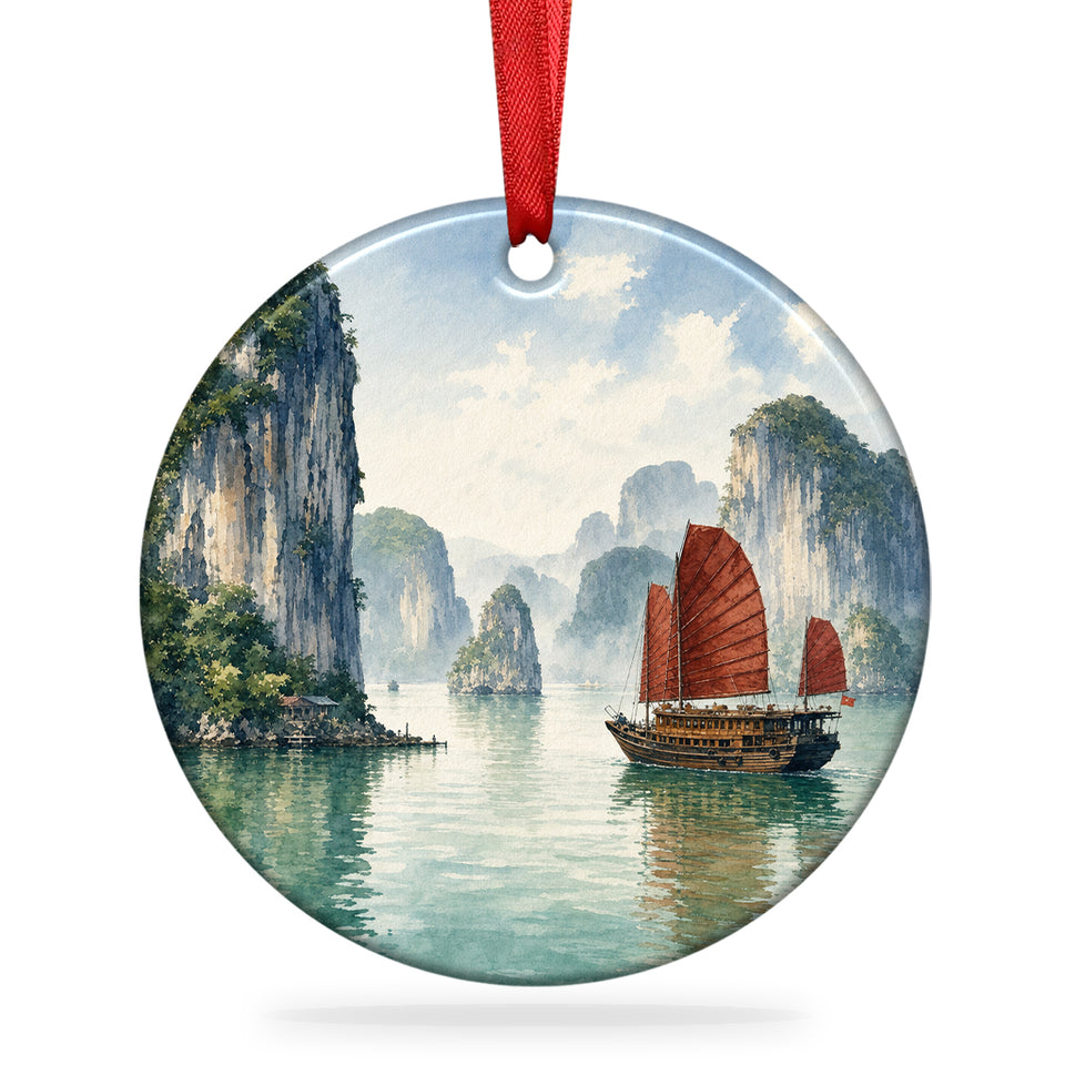 Ha Long Bay ceramic holiday keepsake shown on a clean white background with its attached hanging ribbon.