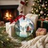 Holiday ornament resting warmly beside wrapped festive gifts near the soft glow of a winter fireplace.