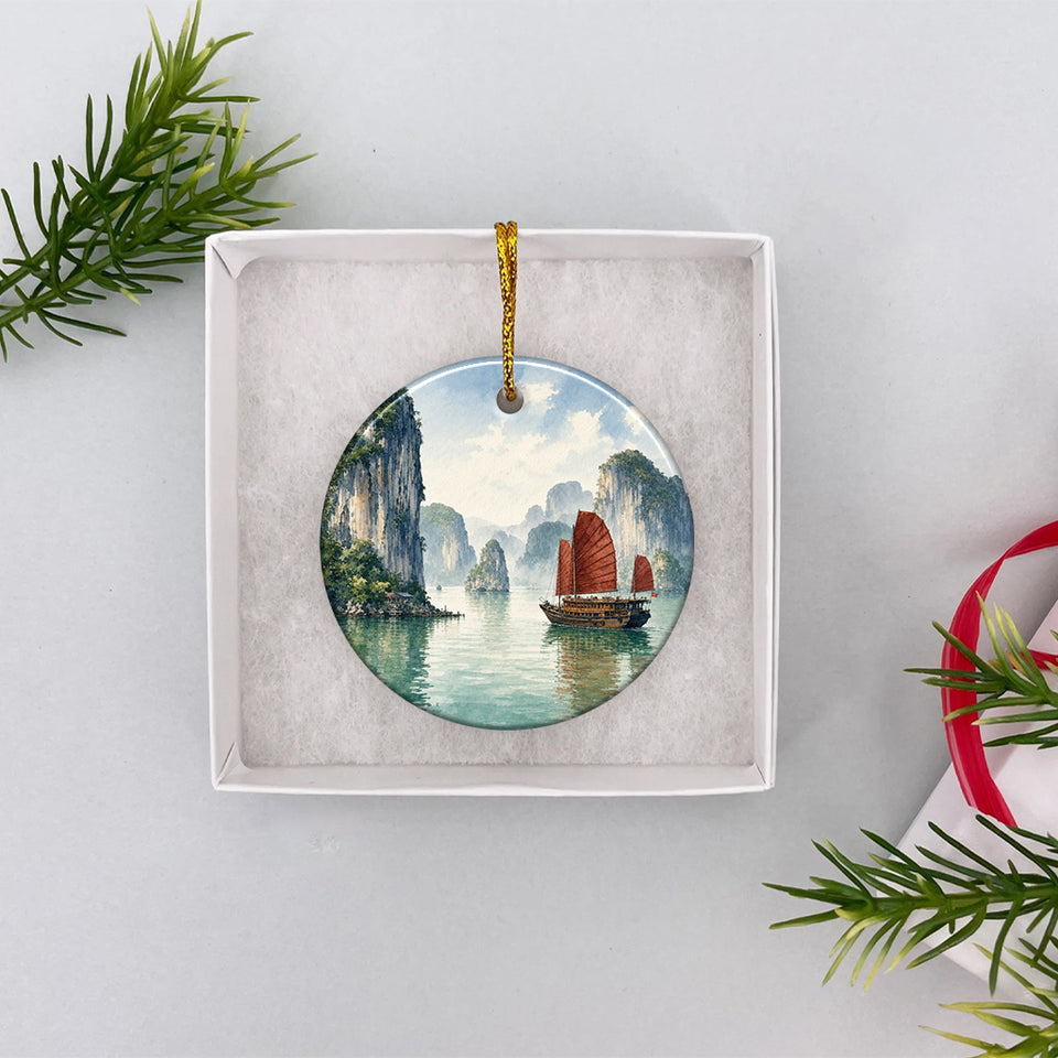 Vietnam landmark holiday decoration displayed inside an elegant opened gift box ready for seasonal giving.