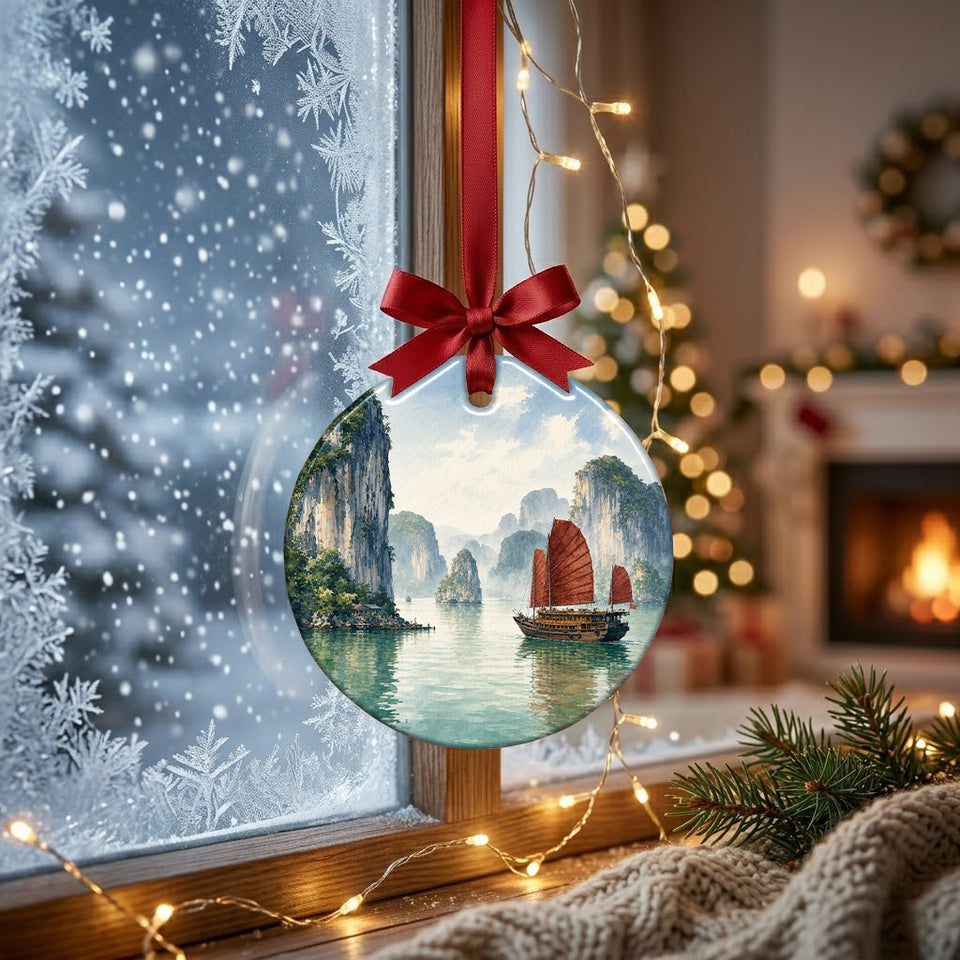 Scenic keepsake hanging before a frosty winter window catching gentle natural daylight from outside.