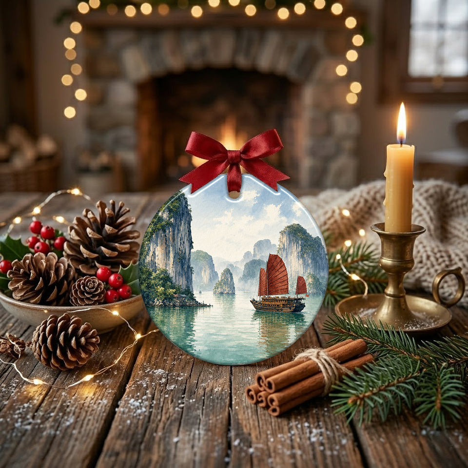 Round ceramic keepsake arranged on a table next to a rustic pinecone and a glowing holiday candle.