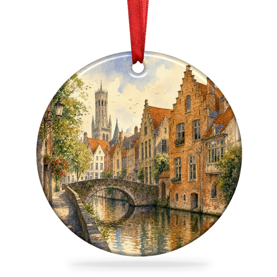 Historic Centre of Bruges ceramic ornament shown against a clean white background with hanging ribbon.