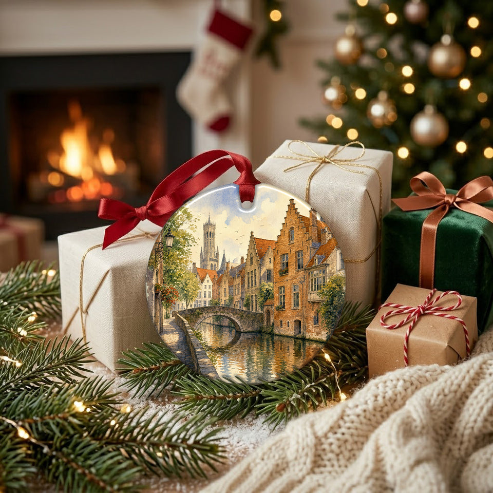 Belgian landmark ceramic holiday ornament arranged beside wrapped festive gifts near a warm fireplace.