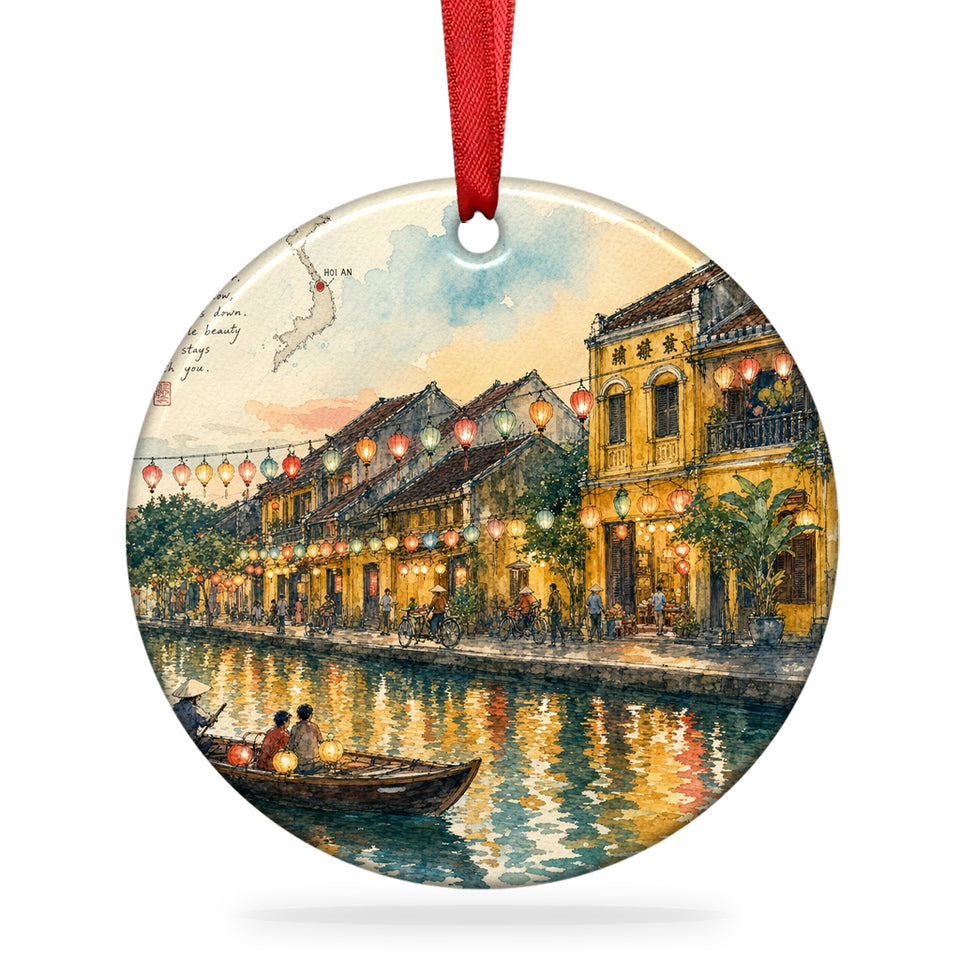 Hoi An Ancient Town ceramic ornament shown against a plain white background with hanging ribbon.