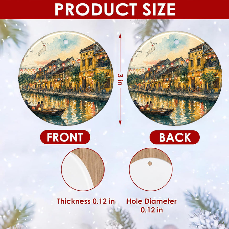 Clear size chart graphic illustrating the 3-inch round ceramic dimensions and double-sided print.