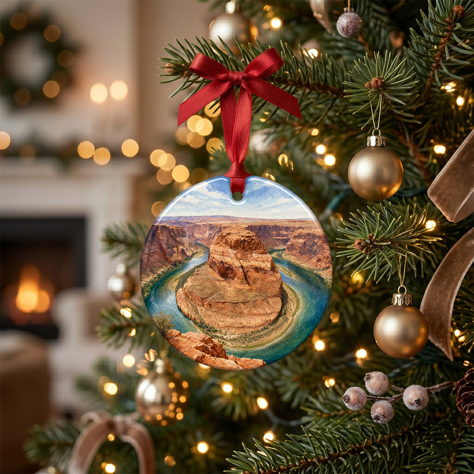 Ceramic holiday decoration hanging on a lit Christmas tree branch in a festive room.