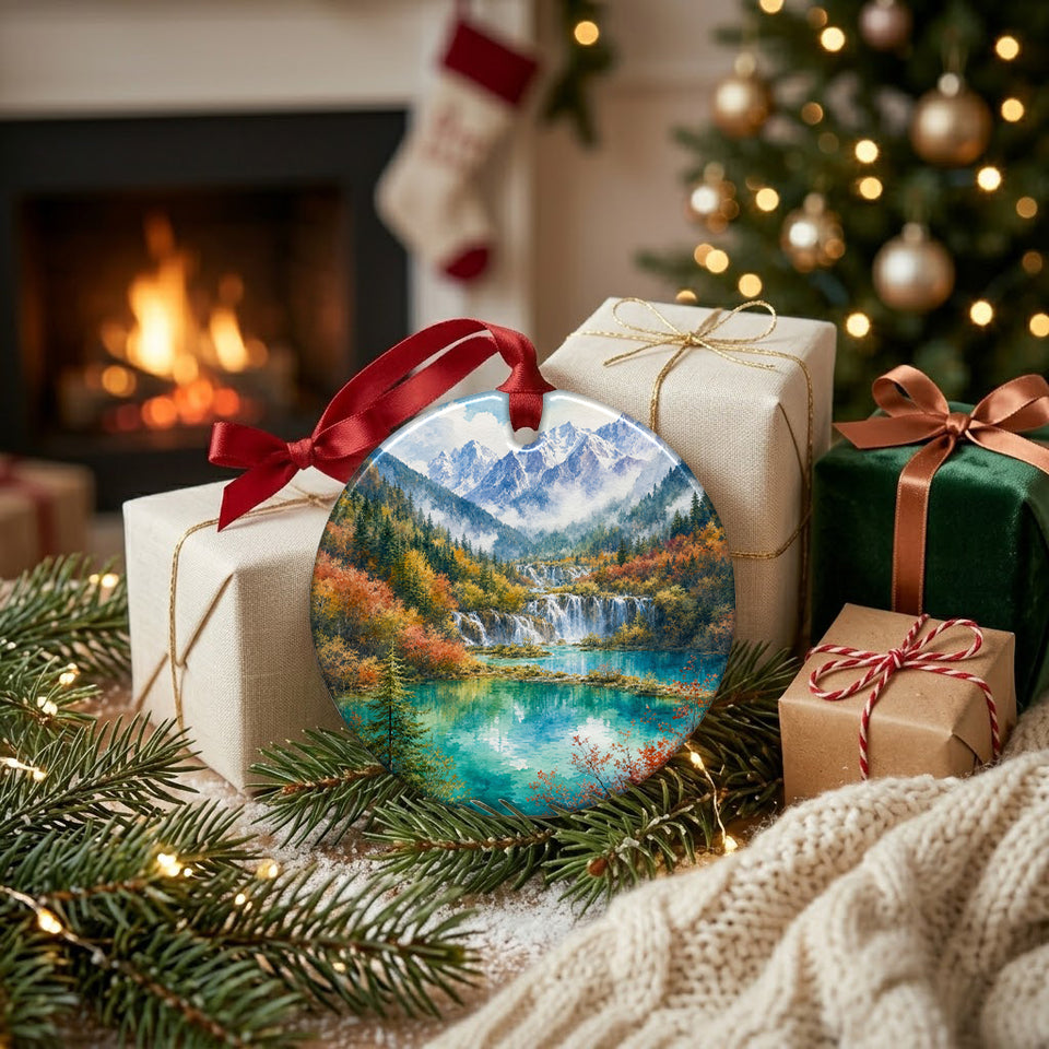 Round travel ornament arranged next to wrapped holiday gifts on a cozy hearth near a glowing fireplace.