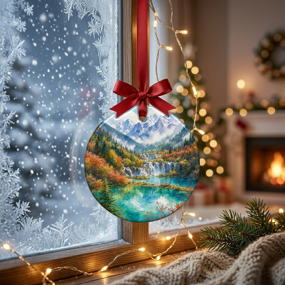 Scenic Jiuzhaigou ornament hanging near a frosty winter window with soft natural daylight shining through.