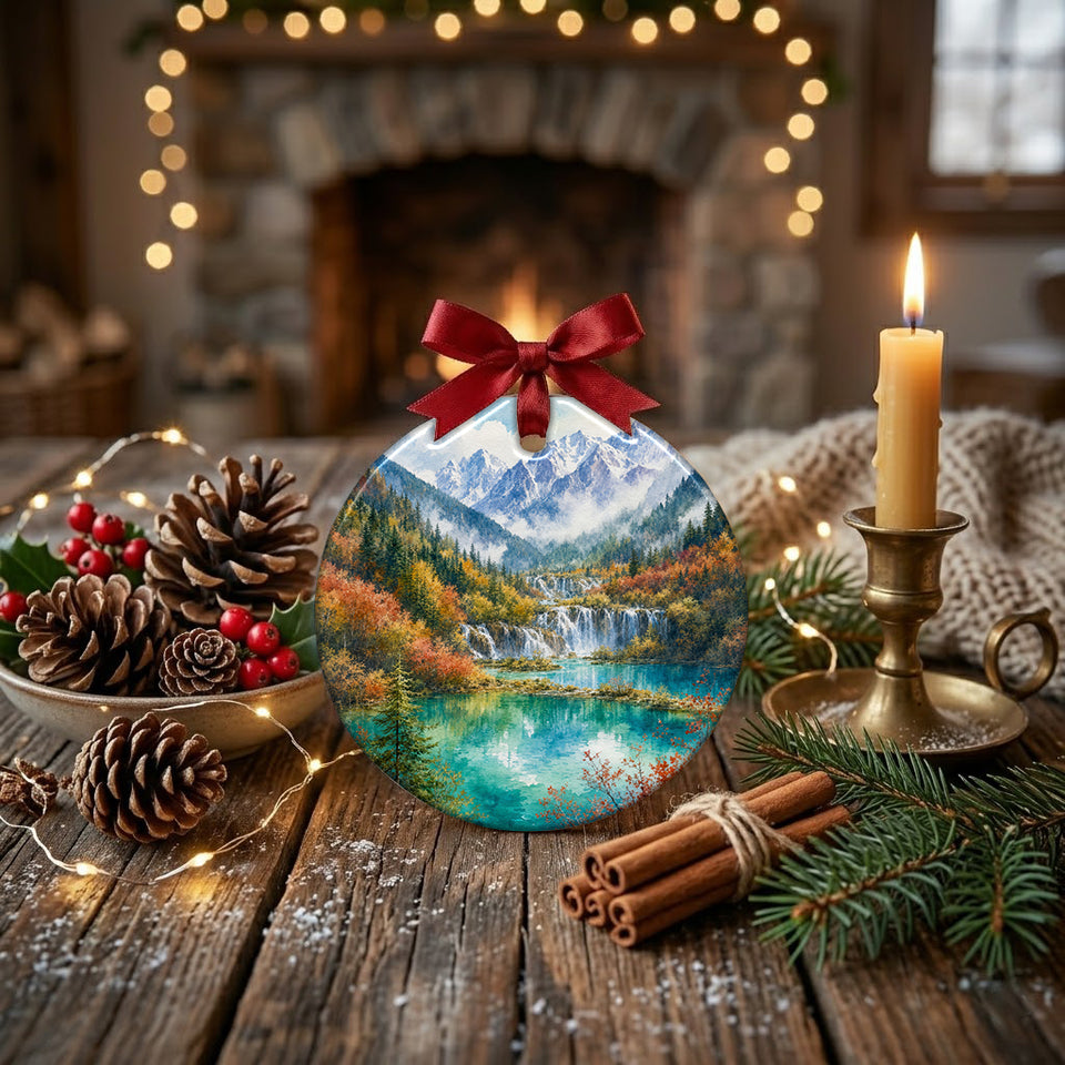 Decorative ceramic holiday ornament styled on a rustic table beside natural pinecones and a warm candle.
