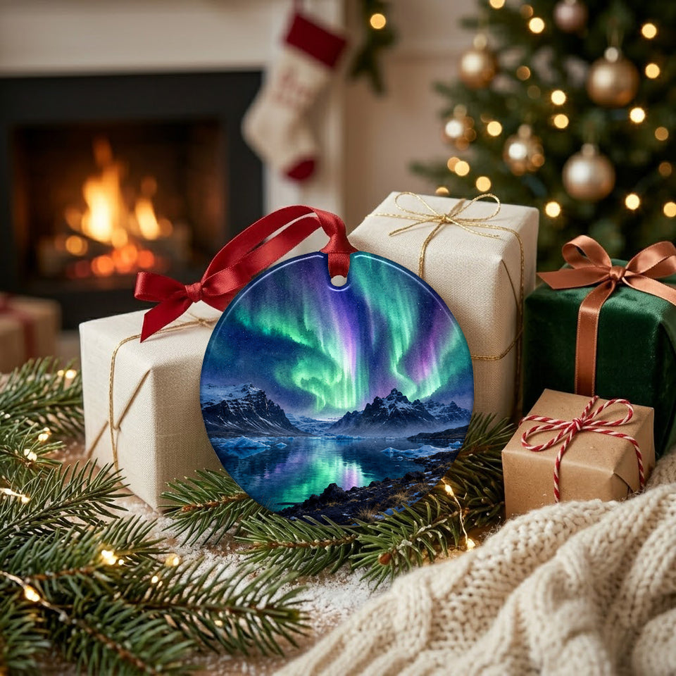 Ceramic holiday keepsake resting beside wrapped gifts near a warm glowing fireplace hearth.