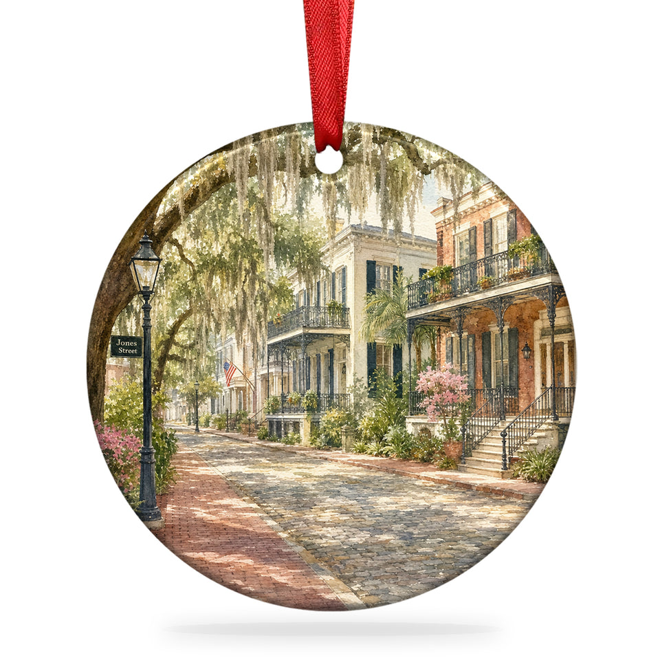Jones Street Historic District ceramic Christmas ornament displayed centered against a clean white background.