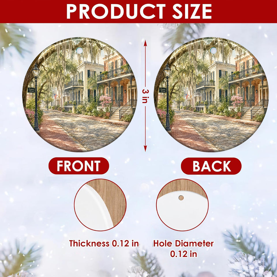 Product size chart diagram highlighting the 3-inch circular dimensions and double-sided print of the ornament.