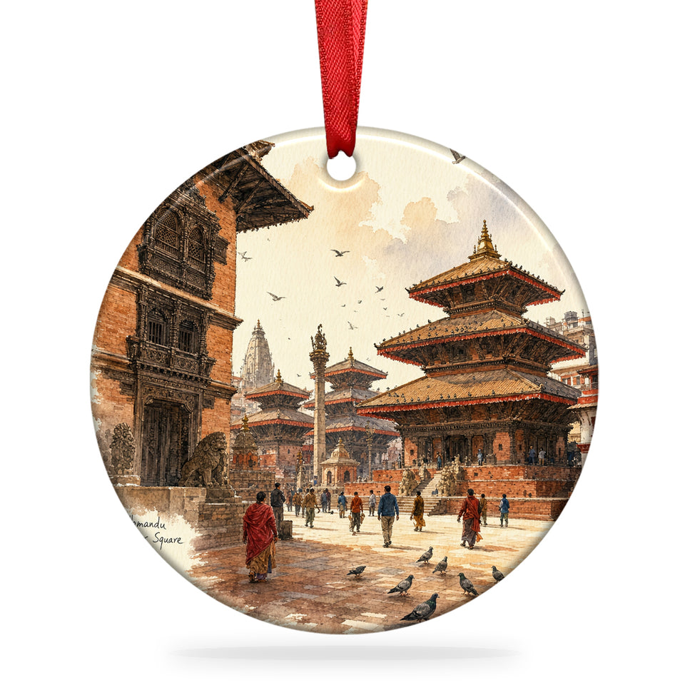 Kathmandu Durbar Square Christmas ornament displayed against a clean white background.