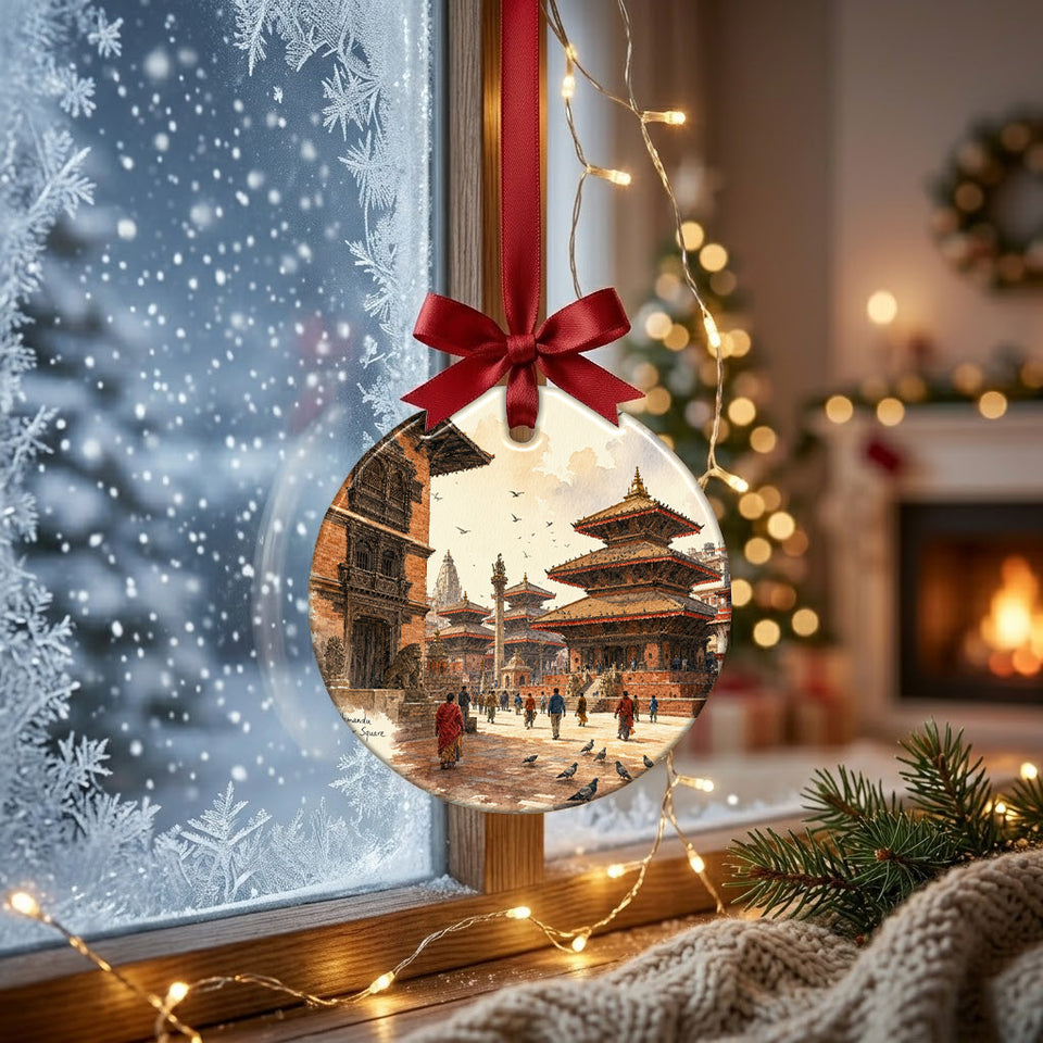 Festive Kathmandu travel keepsake hanging gracefully in front of a frosty winter window.