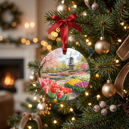 Holiday floral ornament presented on a holiday table setting with natural pinecones and a candle.