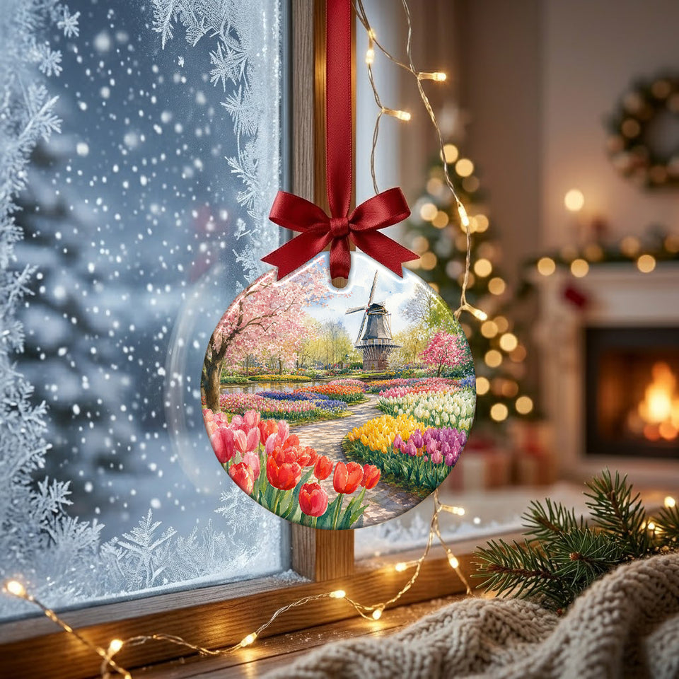 Festive Dutch garden keepsake suspended in front of a sunlit winter window with soft natural daylight.