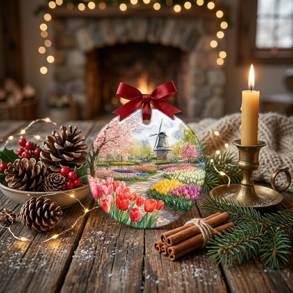 Holiday floral ornament presented on a holiday table setting with natural pinecones and a candle.