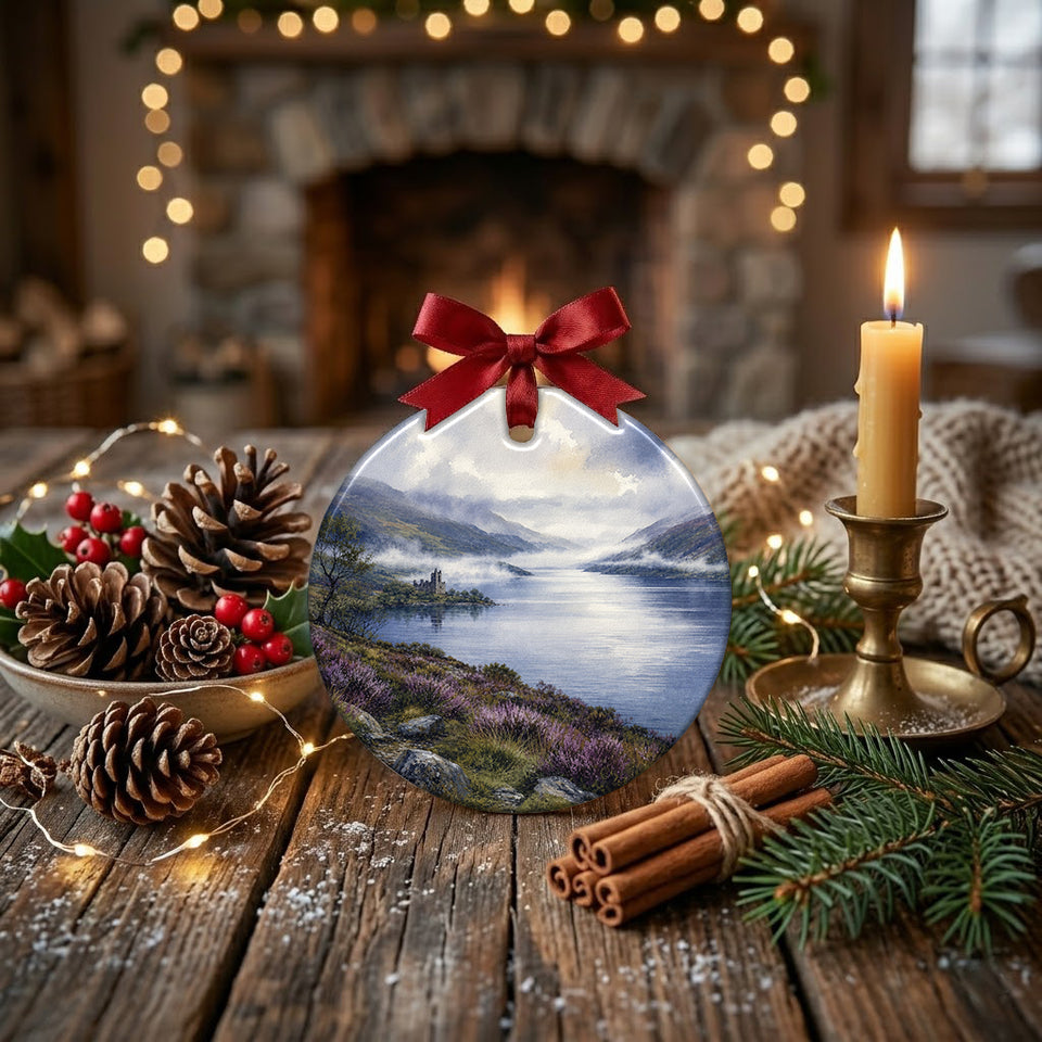 Holiday ceramic ornament styled on a rustic table with decorative pinecones and candles.