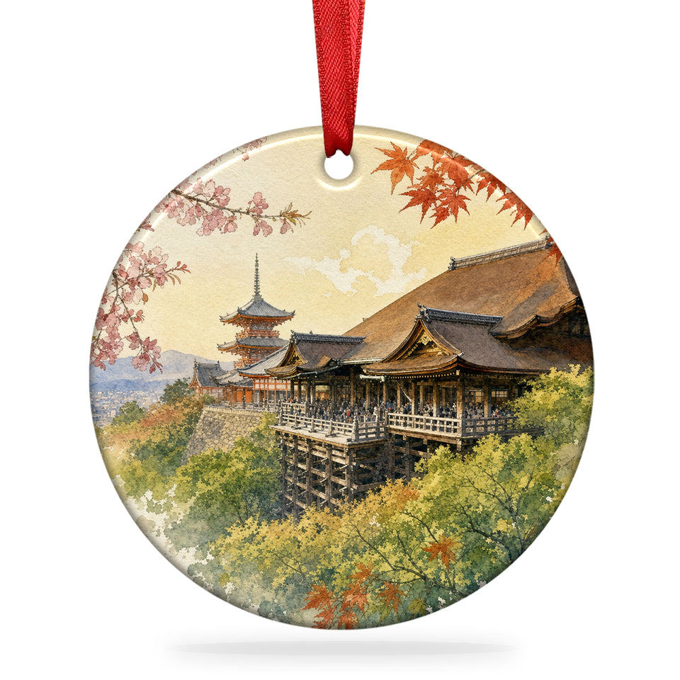 Kiyomizu-dera Christmas ornament shown on a clean white background with attached hanging ribbon.