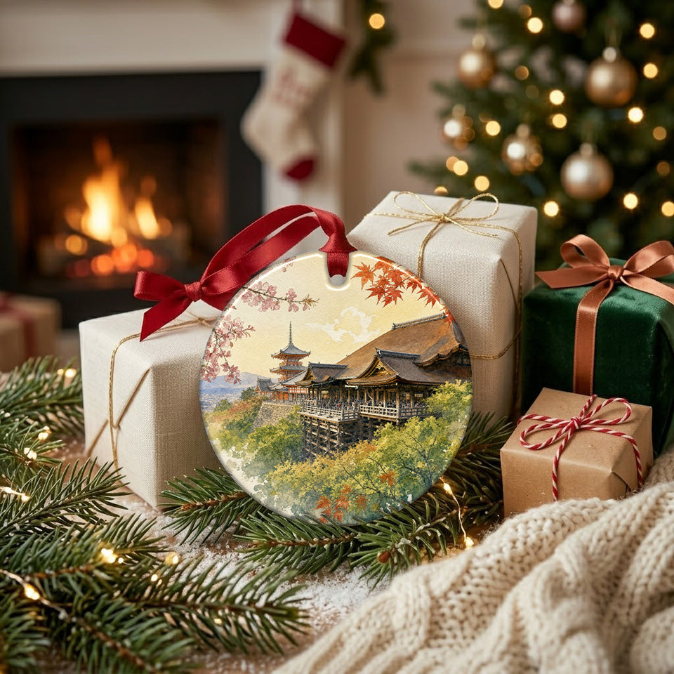 Kyoto travel keepsake ornament resting beside wrapped gifts near the warm glow of a cozy fireplace.
