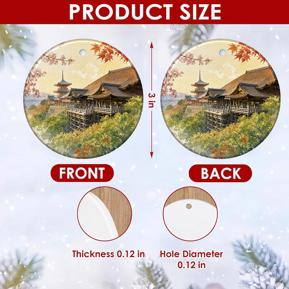 Product size chart diagram displaying three-inch round dimensions and double-sided print for the ornament.