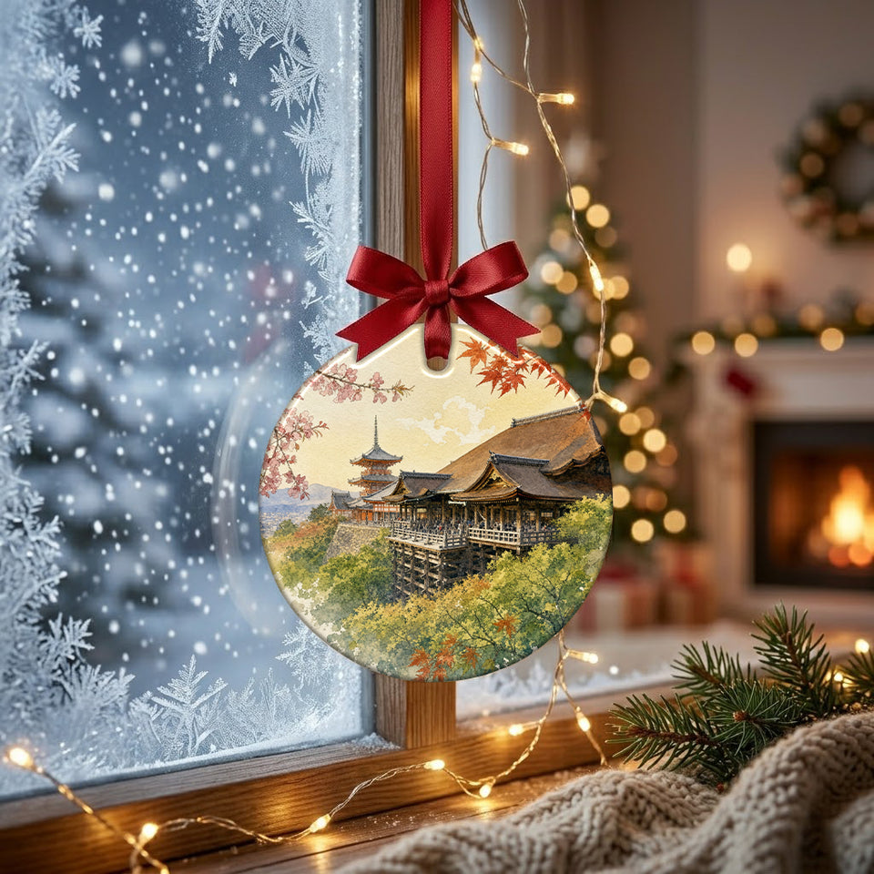 Festive ceramic ornament catching soft morning daylight while hanging in front of a frosty winter window.