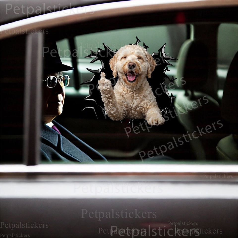 A curious Labradoodle graphic decal displayed neatly on a white car door.