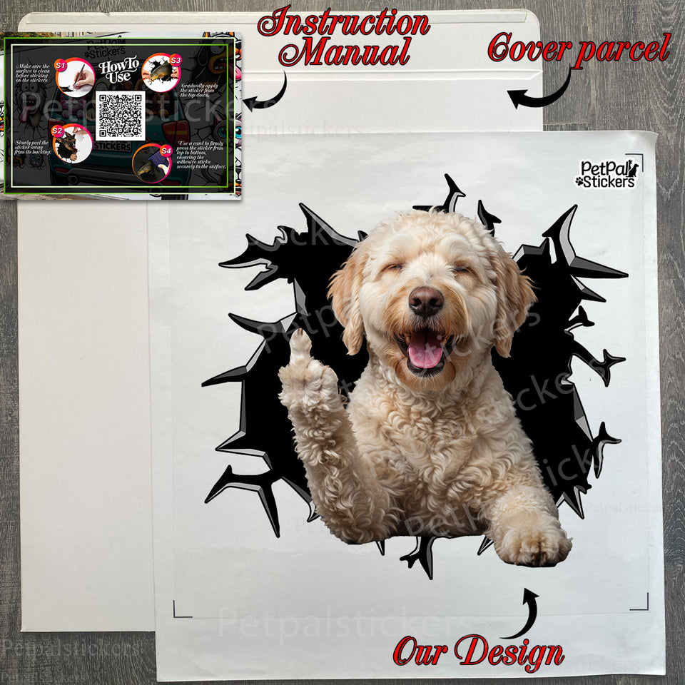 Unboxed Labradoodle car window decal with secure protective package.