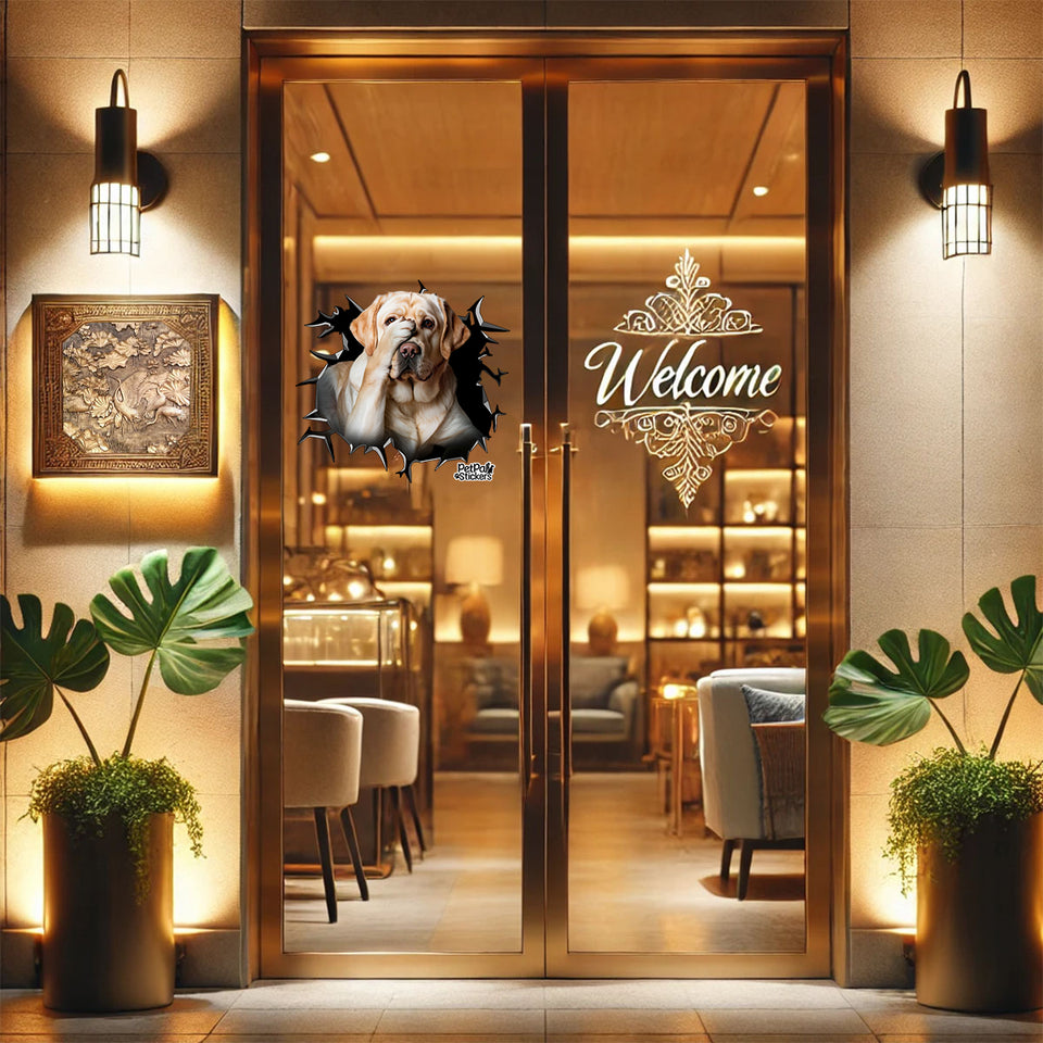 Cute Labrador vinyl sticker placed near the handle of a wooden entrance door.