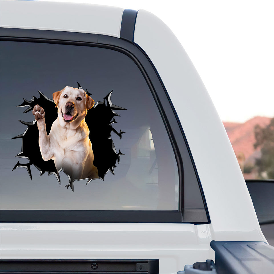 Glossy outdoor Labrador sticker displayed on the rear window of a truck.