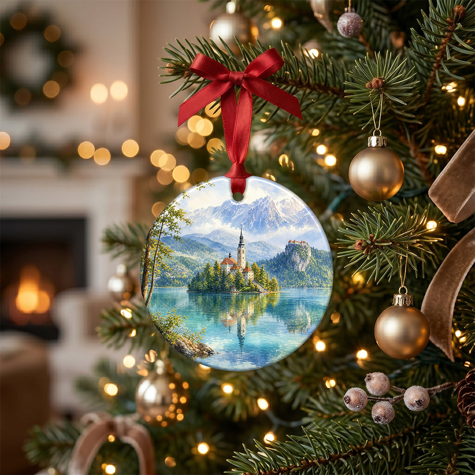 Ceramic holiday keepsake featuring Bled Island hanging on an illuminated Christmas tree branch.