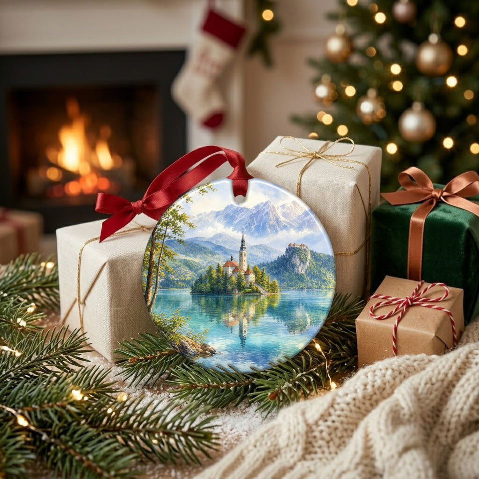 Alpine travel ornament placed beside wrapped holiday gifts near a warm glowing fireplace.