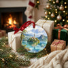 Alpine travel ornament placed beside wrapped holiday gifts near a warm glowing fireplace.