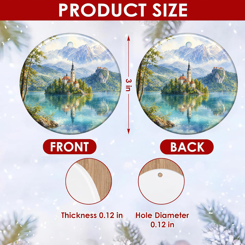 Product size chart showing the 3-inch diameter and front-and-back print of the ceramic ornament.