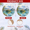 Product size chart showing the 3-inch diameter and front-and-back print of the ceramic ornament.