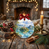 Round holiday keepsake arranged on a rustic table with pinecones and a glowing candle.