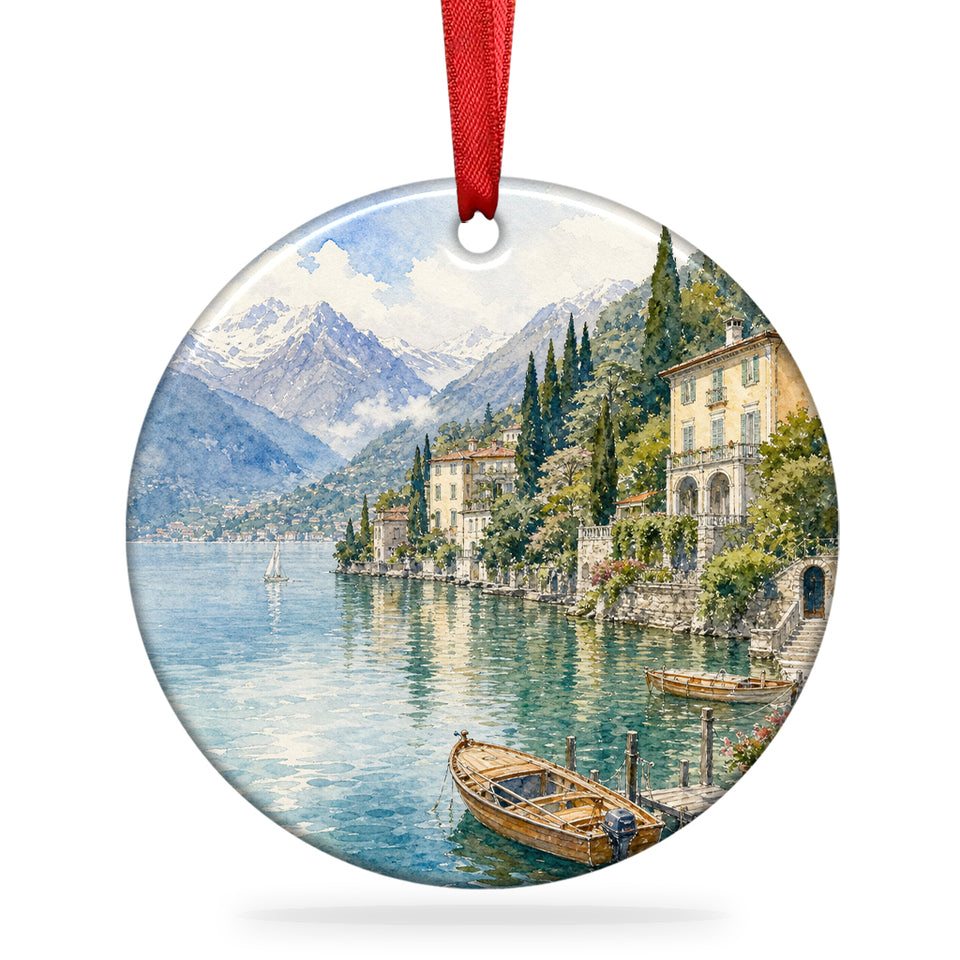 Lake Como Christmas ornament displayed upright on a clean white background with attached ribbon.