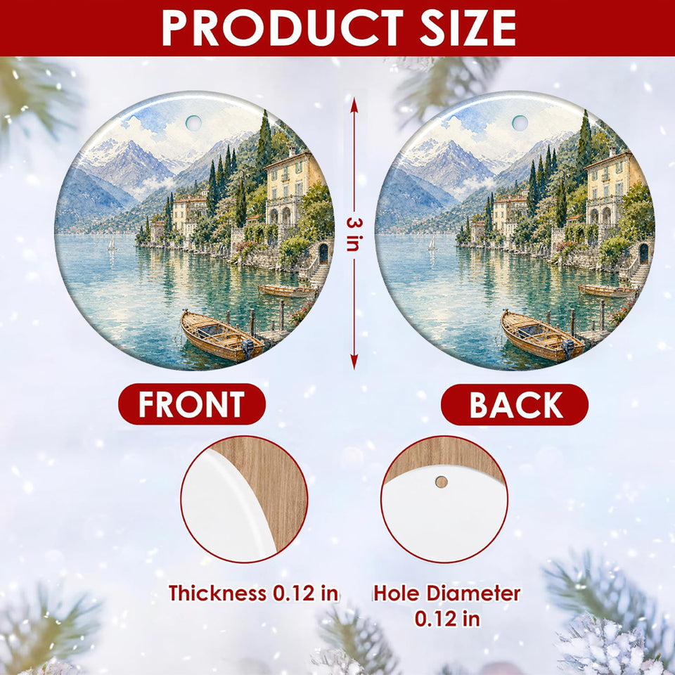Detailed size chart showing the 3-inch diameter and double-sided print of the ornament.