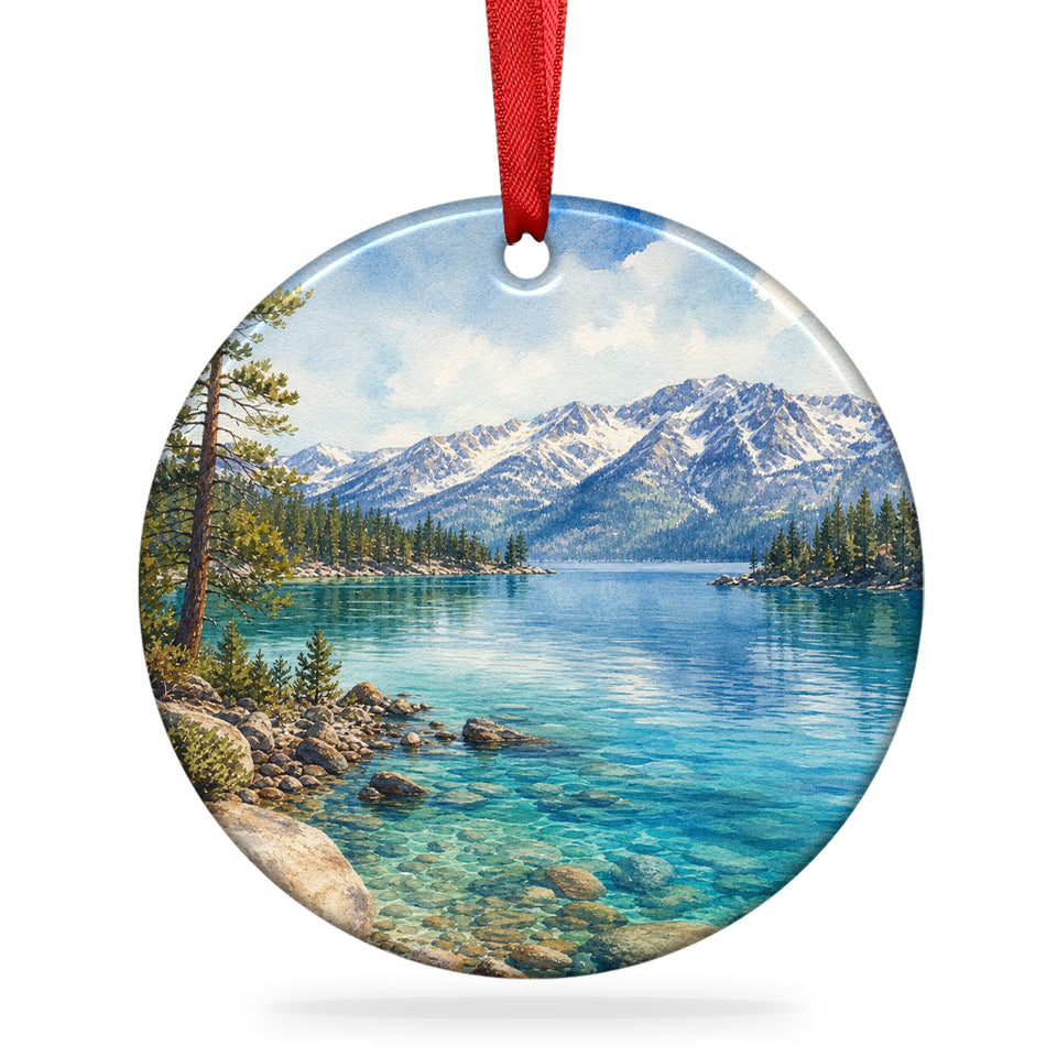 Lake Tahoe ceramic ornament displayed on a clean white background with attached hanging ribbon.