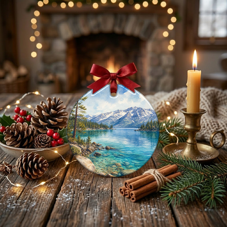 Ceramic mountain ornament placed on a rustic holiday table beside pinecones and warm candlelight.