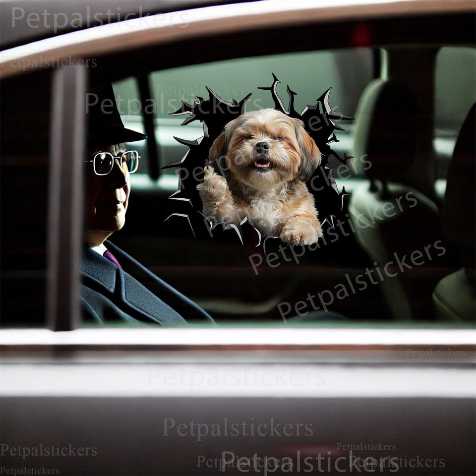 Adorable Lhasa Apso decal artwork displayed on the smooth exterior of a white car door.
