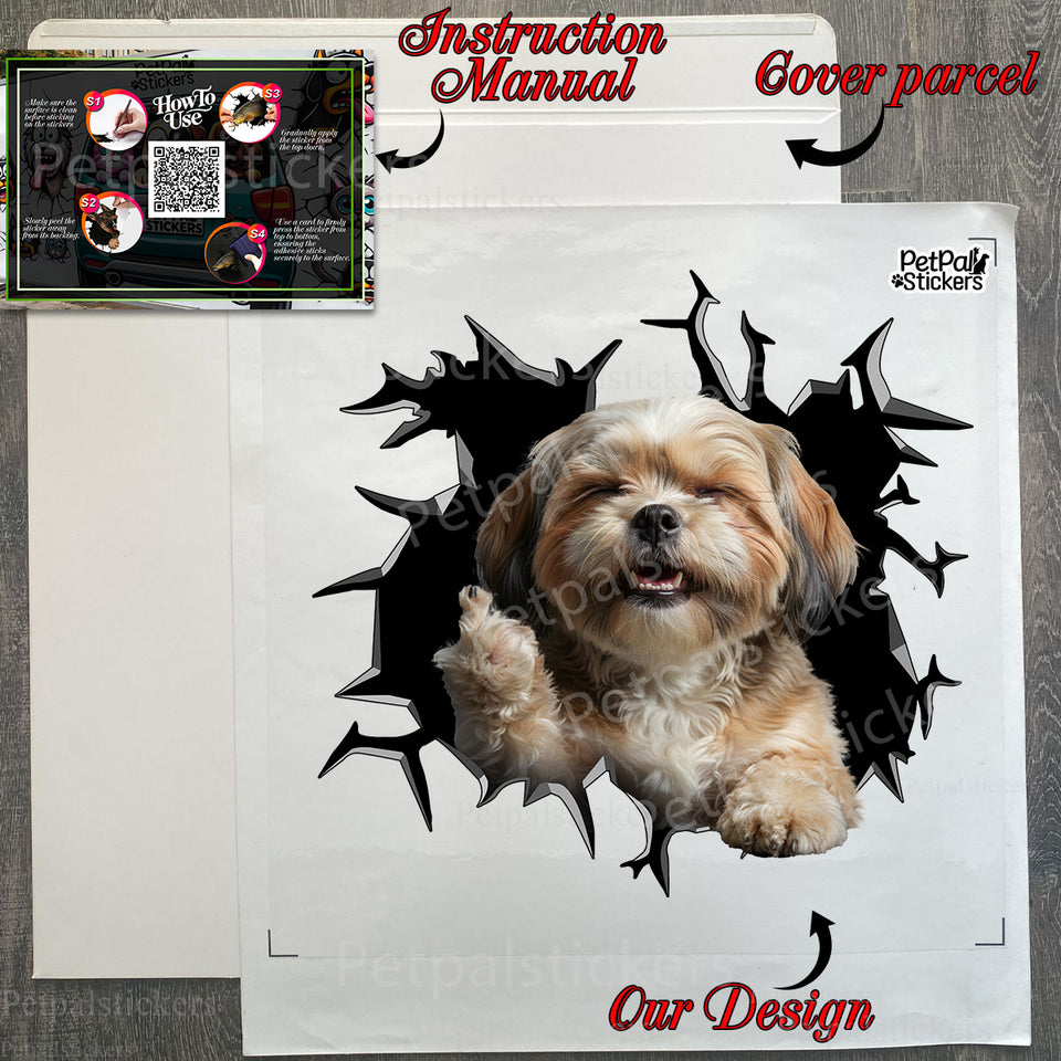 Lhasa Apso decal alongside the clear vinyl product package and instructions.