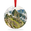 Machu Picchu Christmas ornament displayed against a clean white background with attached hanging ribbon.