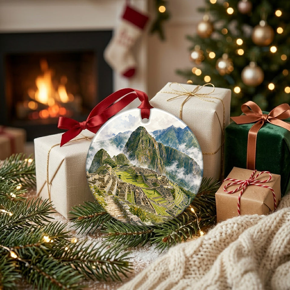 Peruvian landmark holiday keepsake placed beside wrapped gifts in front of a warm fireplace.