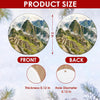 Detailed size chart showing the 3-inch round ceramic dimensions and double-sided print.