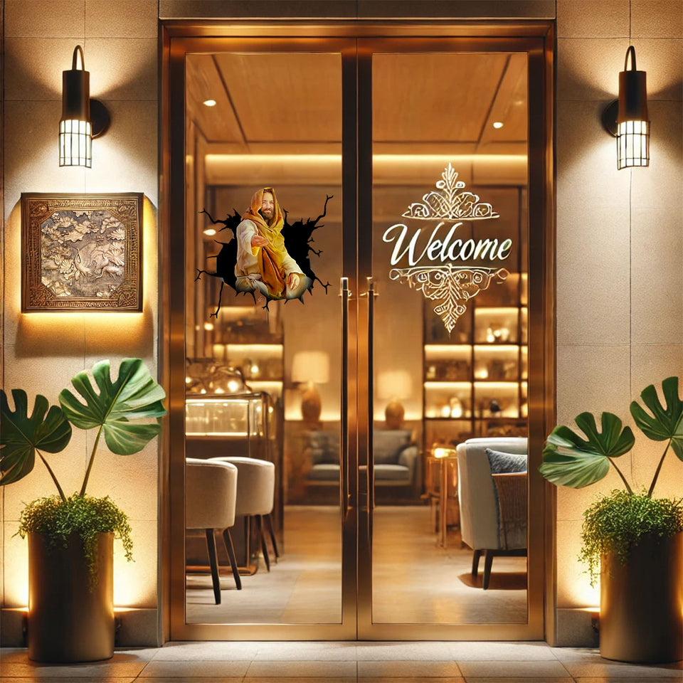 Detailed Maria graphic decal installed onto the smooth panel of an entrance door.